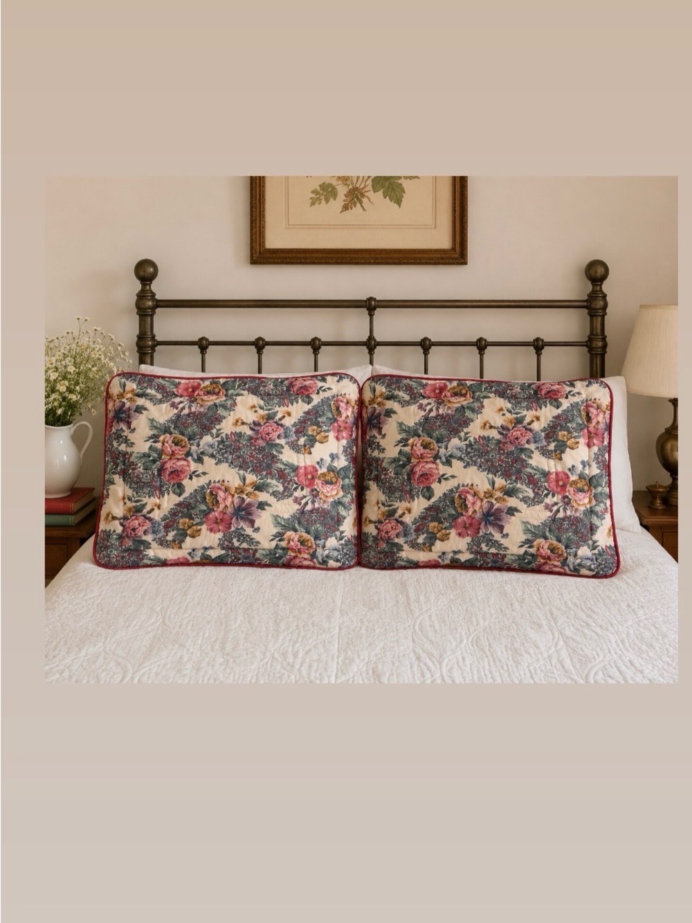 90’s Croscill Floral Quilted standard  Shams in Cream, Pink, Green